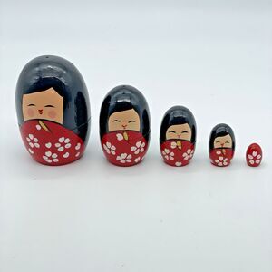 Japanese Kokeshi Girl Wooden Stacking Matryoshka Nesting Dolls 5 Piece Set Toy